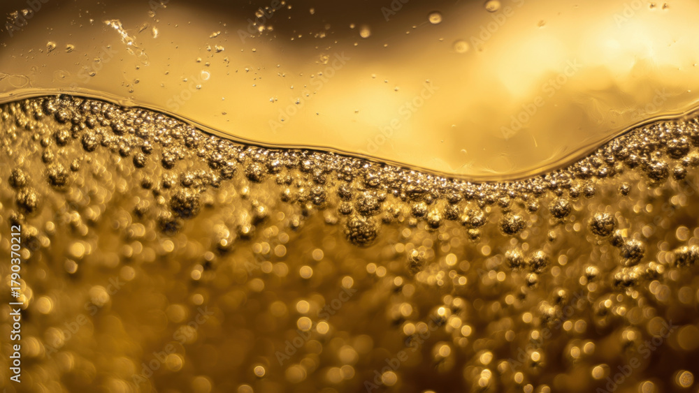 Naklejka premium Bubbles in golden champagne, blurred backdrop, created AI