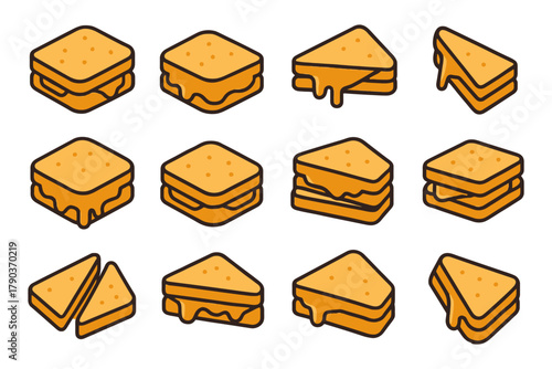 Assorted cheese sandwich icons set with melting cheddar and crispy bread variations.