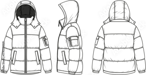 Winter puffer jacket technical flat sketch, front side back view, fashion cad drawing, hooded coat vector, apparel design illustration