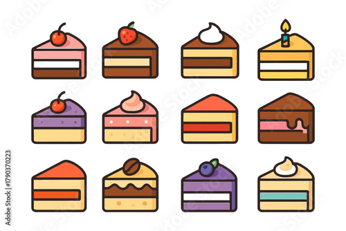 Colorful assortment of twelve diverse cake slices with unique toppings and decorations.