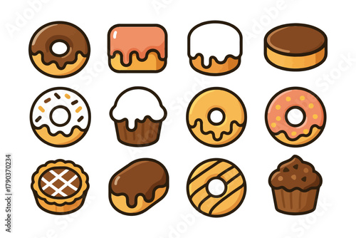 Assorted cartoon donuts and cupcakes with various frostings and designs.