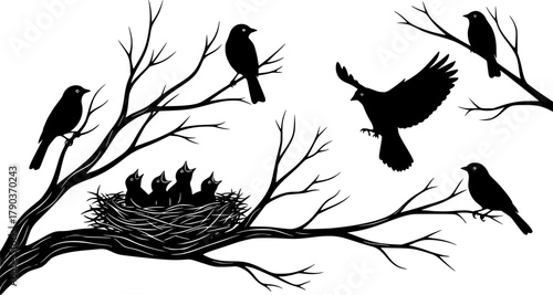 Bird silhouettes perched on branches, flying bird, baby birds in nest, nature wildlife scene, black vector illustration, isolated on white background