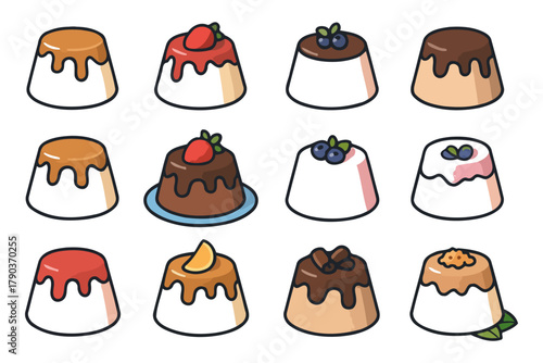 Assorted delicious puddings with colorful toppings in cute cartoon style.