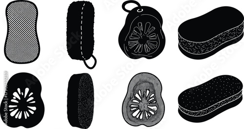 Set of bath and kitchen sponges, household cleaning tools, scrub pads, hygiene accessories, black vector illustration isolated on white background