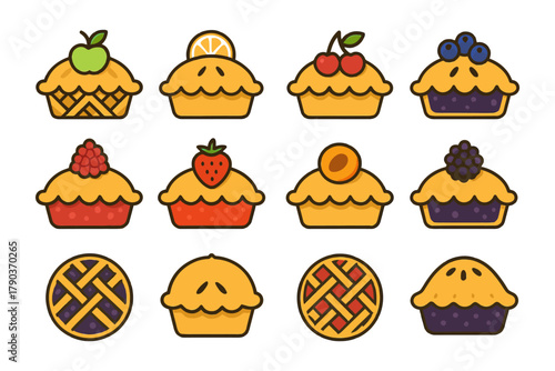 Assorted fruit pies collection with apple, lemon, cherry, blueberry, and more.
