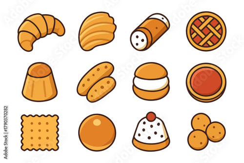 Assorted pastry icons including croissant, cannoli, and macaron on white background.