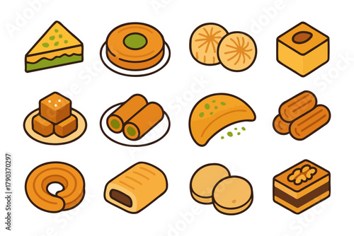 Assorted traditional sweets set with pastry and confections.