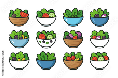 Colorful bowls of fresh mixed salads with vegetables.