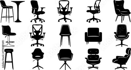 Silhouette collection of modern chairs and stools, bar seating, office furniture, ergonomic designs, vector icons for interior, furniture, and lifestyle themes 
