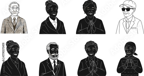 Senior people portrait illustration, elderly men and women smiling, vintage character design, wisdom and respect, aging with grace and happiness concept