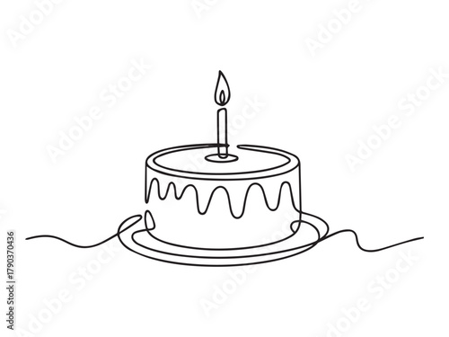 Single line drawing of cake with a lit candle