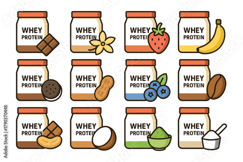 Variety of whey protein flavors with ingredients illustrations.