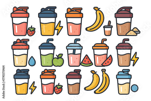 Colorful assortment of protein shaker bottles and ingredients with fruit icons.