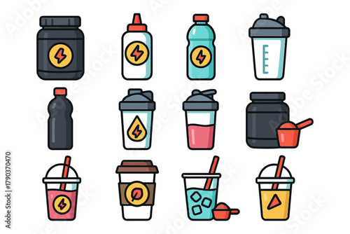 Variety of energy drink and supplement bottles with colorful designs.