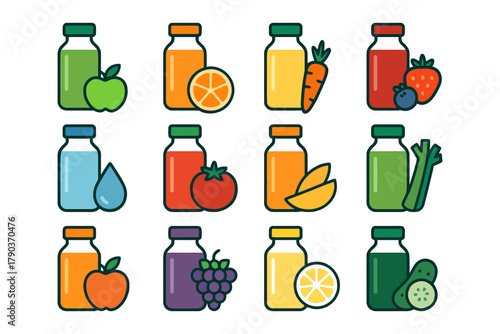Colorful juice bottles with fruit and vegetable icons in a grid layout.
