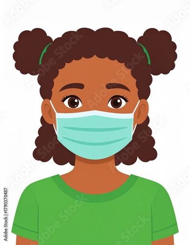 Black girl with a mask, ill or sick cartoon character