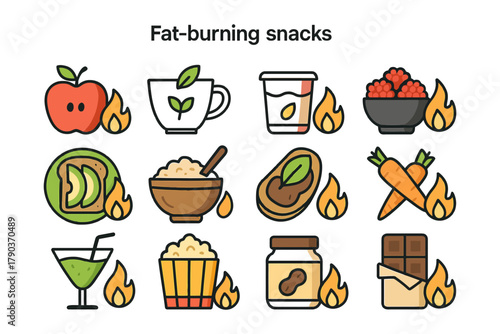 Healthy fat-burning snacks illustration with various nutritional foods.