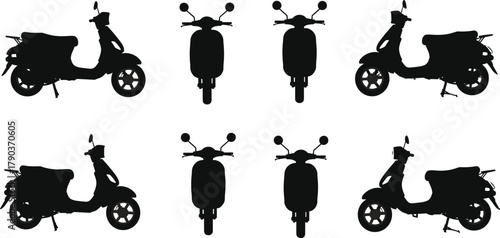 Scooter and motorcycle silhouette collection, transportation vehicle icon set, black and white vector illustration for travel, urban mobility, and design projects