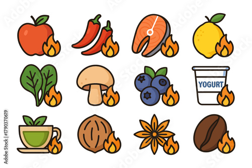 Calorie-burning foods: apple, chili, salmon, lemon, spinach, mushroom, blueberries, yogurt, tea, walnut, star anise, coffee bean.
