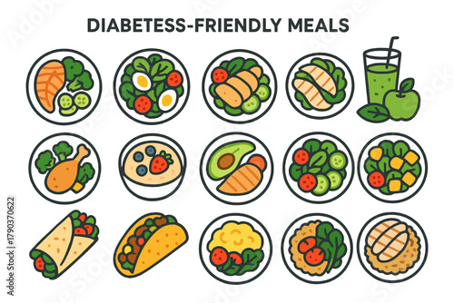 Diabetes-friendly meals: healthy balanced nutrition for dietary management.