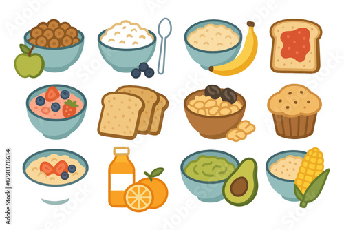 Variety of breakfast foods with fruits and grains.