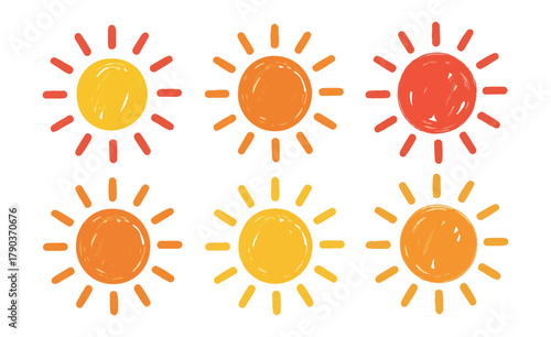 Collection of six colorful cartoon suns with radiating rays