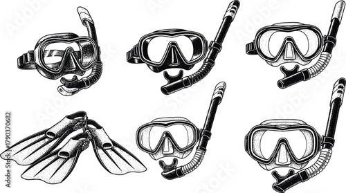 Scuba diving gear illustration, snorkel masks and fins set, underwater exploration equipment, black and white vintage engraving style, ocean adventure art
