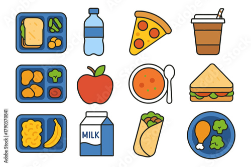 Diverse school lunch options: sandwiches, pizza, milk, and vegetables illustrated.