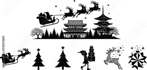 Santa sleigh over Asian pagoda, Christmas silhouette, festive icons, snowflakes, elf with gifts, reindeer, ornament, winter holiday illustration