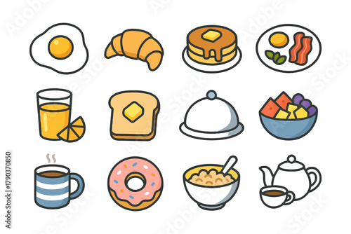 Illustrated breakfast foods collection with pancakes, eggs, and croissant.