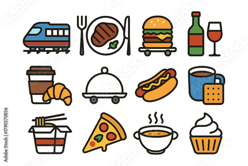 Variety of food and drink icons with train illustration.
