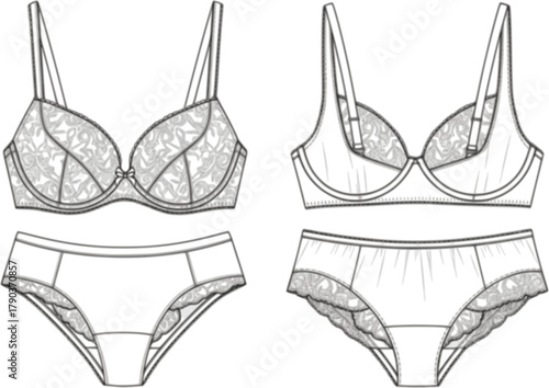 Lingerie set, bra and panty fashion design, underwear technical sketch, CAD drawing, flat vector illustration, intimate apparel template