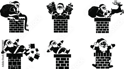 Santa Claus, chimney humor, festive silhouette, Christmas delivery, black and white, reindeer ride, stuck Santa, holiday fun, seasonal icon, winter joySanta Claus, chimney humor