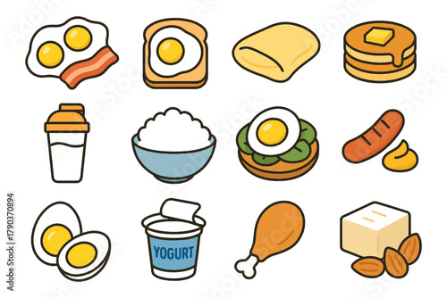 Illustration of breakfast foods: eggs, pancakes, yogurt, and more.