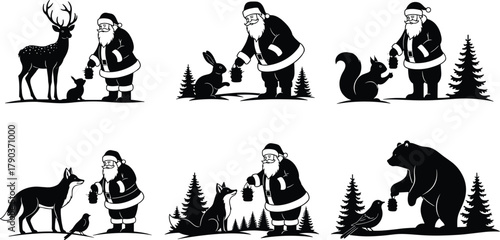 Santa Claus silhouette, winter forest animals, lantern in hand, snowy woodland scene, Christmas illustration, deer, rabbit, bear, fox, raccoon