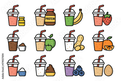 Variety of protein shakes with fruits, nuts, and supplements.