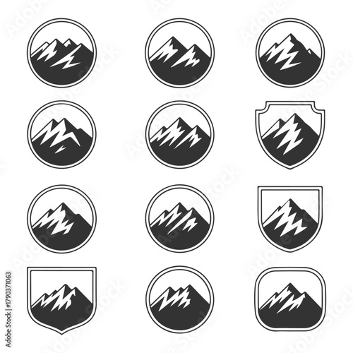 Mountain badge icon set, Black and white mountain emblem collection