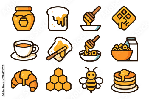 Honey and breakfast icons featuring jars, toast, pancakes, and bees.