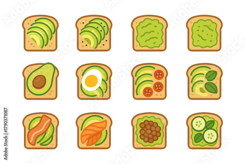 Variety of avocado toasts with toppings: egg, salmon, and vegetables.