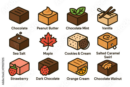 Assorted chocolate pieces with various flavors and toppings illustrated.