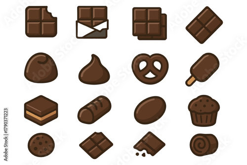 Assorted chocolate icons featuring bars, pretzels, muffins, and ice cream.