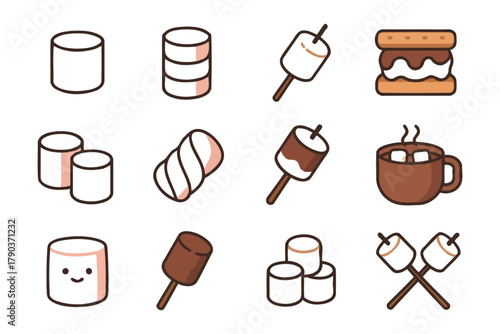 Cute marshmallow doodles with s'mores and hot chocolate elements.