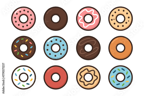 Assorted colorful donuts with sprinkles and icing on white background.