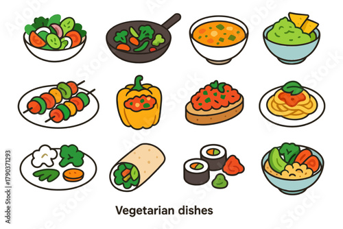Colorful vegetarian dishes illustrated collection featuring healthy foods.