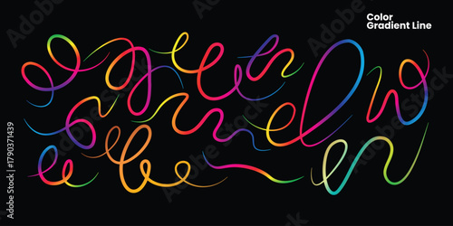 Abstract Gradient Color Lines Background, 3D Wave Shape Pattern, Wavy Rainbow Ribbon Design, Organic Gradient Flow Vector on Black Background