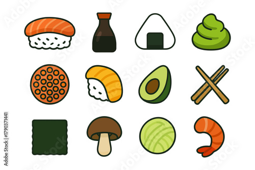 Illustrated sushi icons: nigiri, onigiri, soy sauce, wasabi, and more.