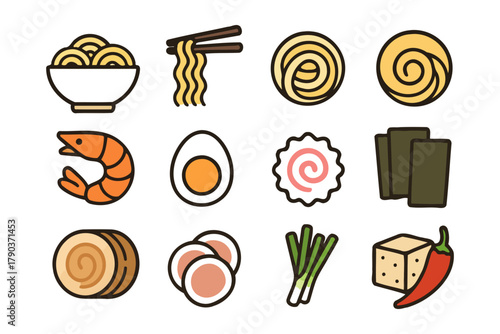 Ramen ingredients illustrated: noodles, shrimp, egg, tofu, seaweed, chili.