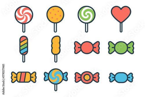 Colorful candy icons set with lollipops and wrapped sweets.