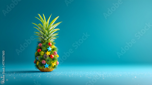 Beautiful pineapple fruit decorated like a Christmas tree isolated on a blue background. Happy xmas. Copy space.