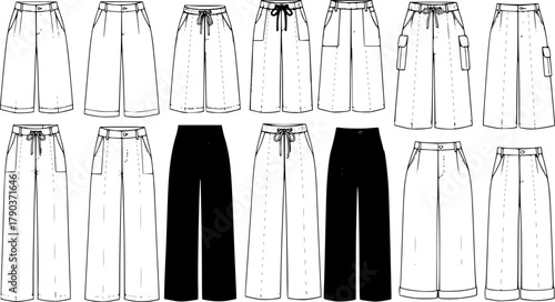 CAD drawing flat vector illustration of women’s wide leg pants fashion design technical sketch with different styles and details